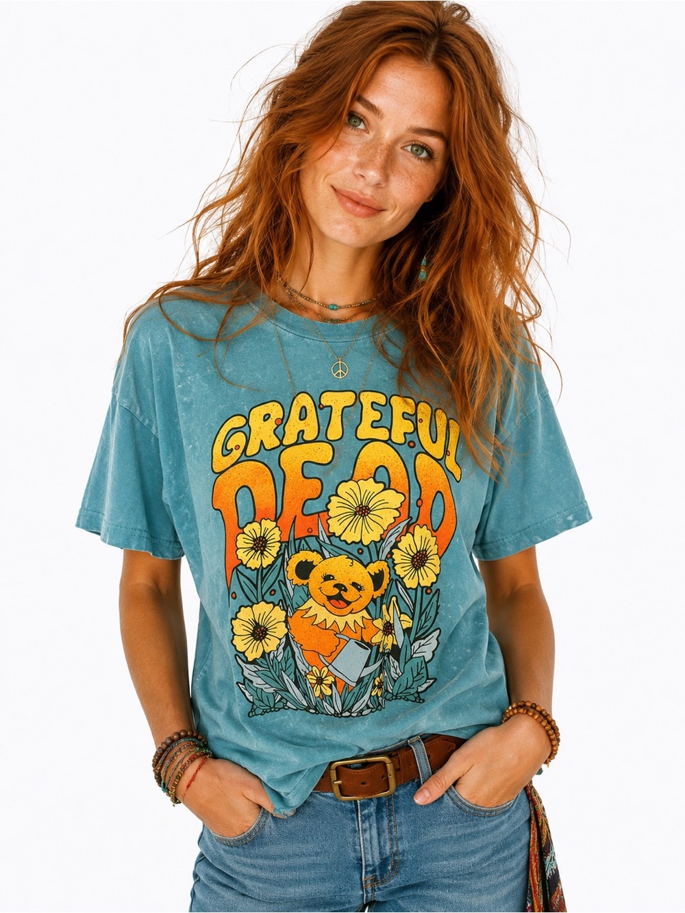 Grateful Dead Dancing Bear Graphic Tee Blue Mineral Wash Oversized T-Shirt